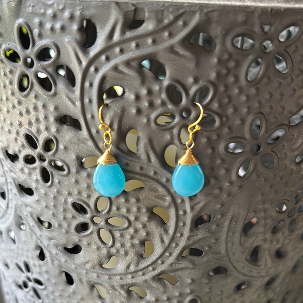 Gold and Blue Teardrop Dangle Earrings